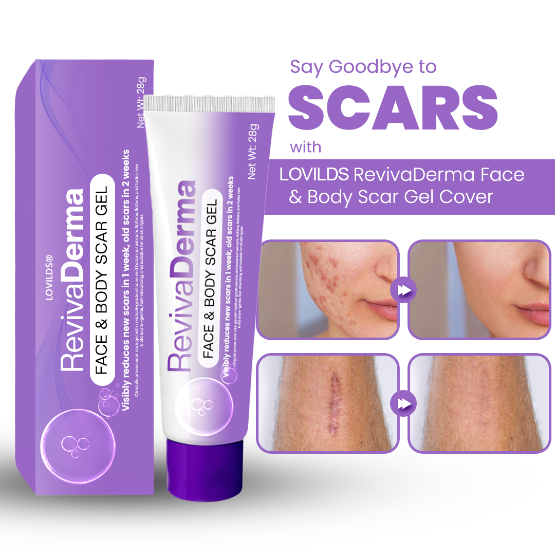 LOVILDS® RevivaDerma Face & Body Scar Gel - Clinically proven to soften, flatten and fade surgical scars, acne marks, burns, keloids and trauma-related scars