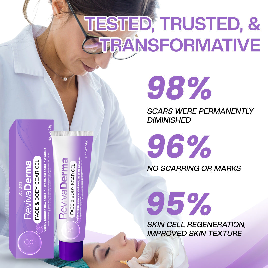 LOVILDS® RevivaDerma Face & Body Scar Gel - Clinically proven to soften, flatten and fade surgical scars, acne marks, burns, keloids and trauma-related scars