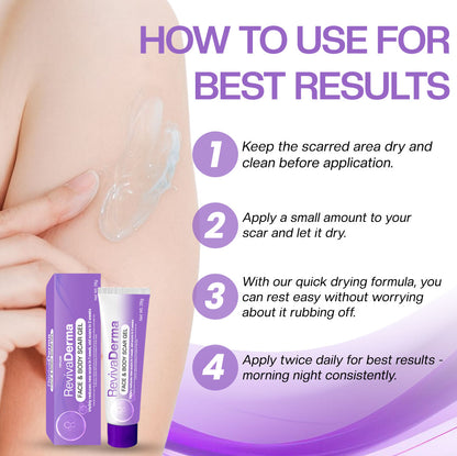 LOVILDS® RevivaDerma Face & Body Scar Gel - Clinically proven to soften, flatten and fade surgical scars, acne marks, burns, keloids and trauma-related scars